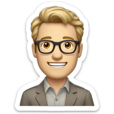 Joyful Pale skinned Fit Man With dark brown hair in gray jacket, beige office shirt, Brown pants and vintage glasses. His thrumbs up sticker