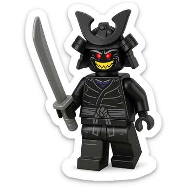 Garmadon, LEGO Ninjago character, evil grin, holding sword, no text sticker