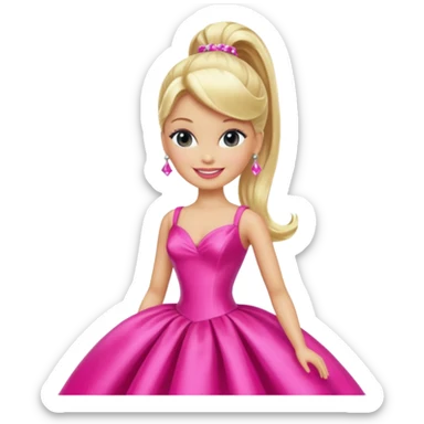 En klassisk blond modedukke med høj hestehale, iført en glamourøs hot pink aftenkjole, skinnende plastik-tekstur, smilende, ikonisk legetøjs-æstetik. sticker