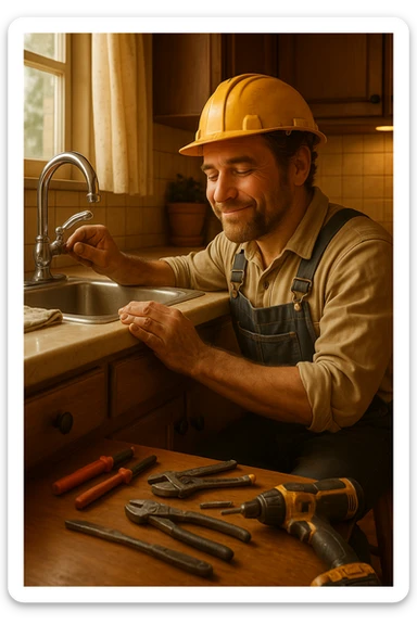 Vertical format, construction worker kneeling by sink, hands dirty, fixing leaky faucet, gentle smile. Version 1. sticker