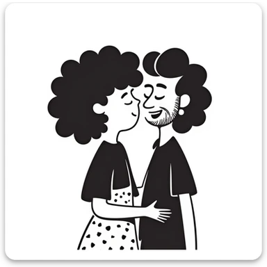 Curly haired woman with curly hair kissing a man with straight hair and a beard, cute couple sticker