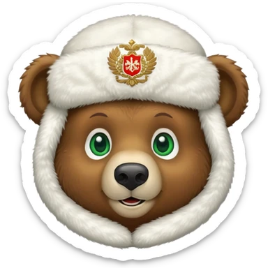 Extra cute smiling brown bear face with big green eyes, soft white fluffy ushanka hat with clear Russian Federation coat of arms emblem, iOS emoji style sticker