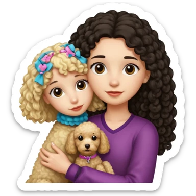 Ludo (ragazza mora capelli lisci lunghi) che abbraccia il suo cane leone (un barboncino biondo) sticker