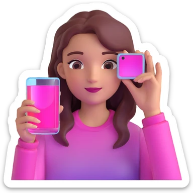 girl taking selfie, transparent glass with bright pink gradient from #FF335F to #FF99AA, highlights and reflections, minimalistic sticker