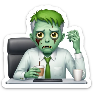 office zombie clerk with green skin looking tired and waiting for a coffee break sticker
