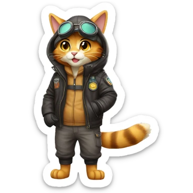 Anthro Fur-Sona feline-Fakémon with an aviator jacket gloves and cap Full Body sticker
