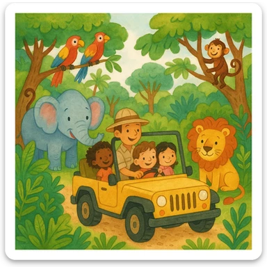 digital illustration of jungle safari in the style of children's story book sticker