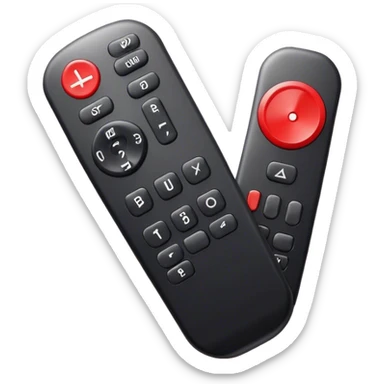 One big black tv remote control with red border, frontal face in  2 dimensions. The remote control have to have 4 buttons in black and one big one big red play button in the middle sticker