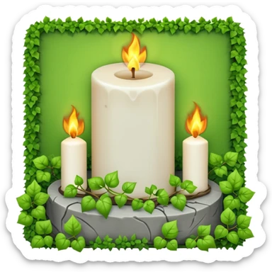 Gravsten med lite ivy som klättrar på den och framför i gräset på marken ett stående vitt brinnande blockljus sticker