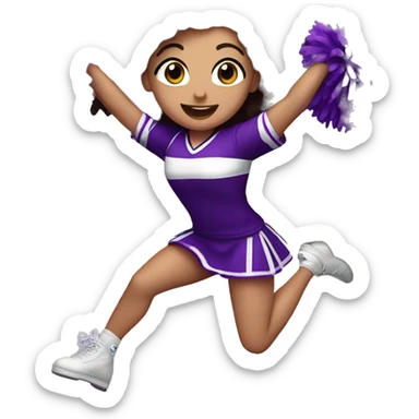 Caucasian cheerleader with dark brown curly hair, jumping and holding up two purple Pom poms, small full body emoji sticker