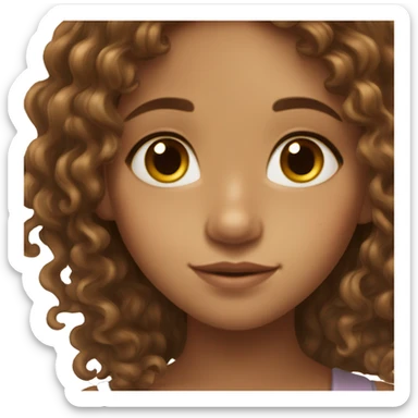 Beautiful girl with long brown medium curly hair, light skin and brown eyes, freckles and fairy wings golden  sticker