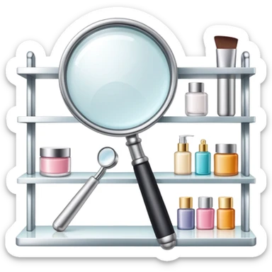front view magnifying glass over beauty product shelf searching for last item sticker