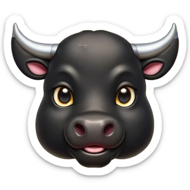 Cinematic Cute Black Bull Portrait Emoji, Head tilted playfully and inquisitively, featuring a glossy, robust black hide with a striking sheen, round, sparkling dark eyes filled with gentle curiosity, Simplified yet irresistibly adorable features, highly detailed, glowing with a warm, friendly glow, high shine, affectionate and imposing, stylized with a touch of rugged charm, bright and endearing, soft glowing outline, capturing the essence of a mischievous yet loving bull, so playful it feels like it could stomp out of the screen and into your arms! sticker
