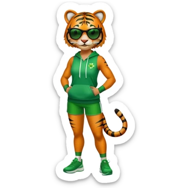 female energetic anthropomorphised tiger in full body, wearing St. Patrick's Day themed sportswear and dark sunglasses sticker