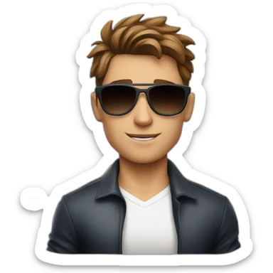 A young fit man with a white shirt and sunglasses on his hair with brown hair and a French flag in his hand sticker