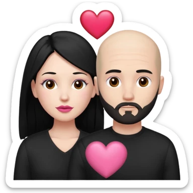 👩🏻‍❤️‍💋‍👨🏻 this one but the man should be bald. white woman with long black hair and white bald young man whoitiut hair and a heart between their heads. she has pink lips and both have brown eyes. he has e full beard but short. both wear black sticker