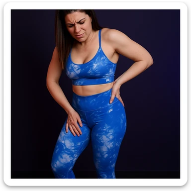 Slim woman in 4K, standing with asymmetric posture, right hand pressing on right hip, acute localized pain expression, gaze directed towards the painful spot, inspired by the reference photo. sticker