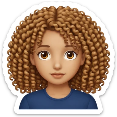 Crea una chica rizada con un top de color navy Amy que sea trigueña con los ojos marrones  sticker