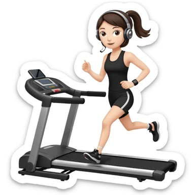 brunette, white girl, in a black gym set with headphones on, on the treadmill, sticker