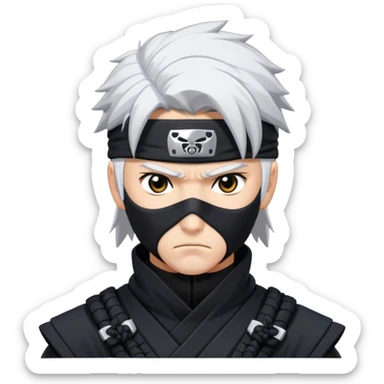 Gabimaru the Hollow, stoic ninja with white hair and black ninja outfit, intense expression, dynamic pose, anime-inspired sticker