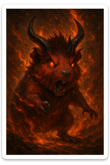 red guinea pig demon with horns and burning effects, dramatic fantasy-inspired style sticker