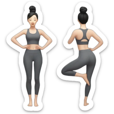 Pale skinned fit woman In a gray tight yoga suit and wristbands With black hair in a bun doing yoga sticker