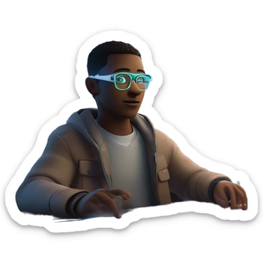 Focused Quantik, with neon accents and AR glasses, taps a holographic screen displaying a complex equation while his drone companion scans for solutions in a futuristic metaverse classroom. sticker