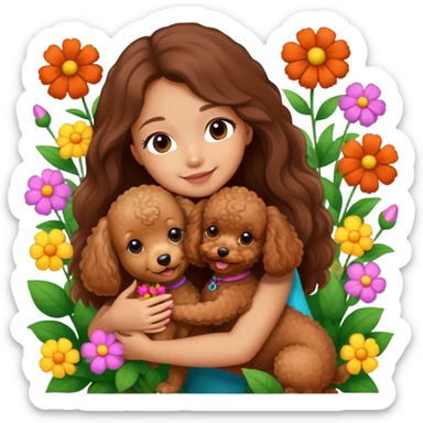 A beautiful girl with long straight hair happily hugs a brown toy  poodle in the flowers sticker