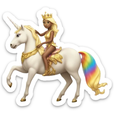 A fairy queen with purple wings and a golden crown riding a rainbow unicorn ￼ sticker