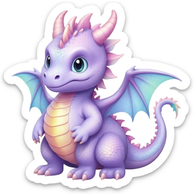 Cinematic fluffy pastel dragon, tiny round wings, chubby feet, sparkling gentle eyes, delicate glowing scales, soft colors blending magically, enchanting and whimsical. sticker