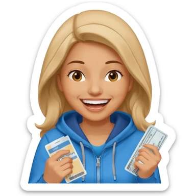 Hilarious, blunt, high energy, and adventurous. woman in hoodie laughing with plane tickets  sticker