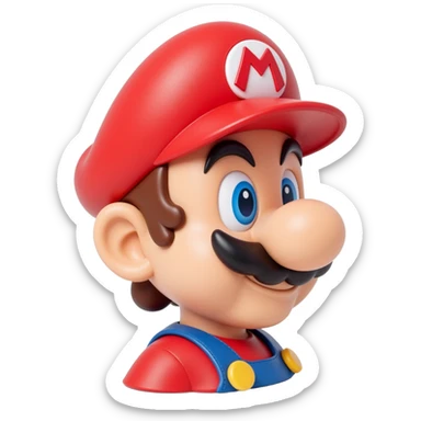 a worker in factoryA 3D-rendered head of a character inspired by Super Mario, facing slightly from front-left to right. The head should include his signature red cap with an ‘M’, large round nose, thick mustach sticker