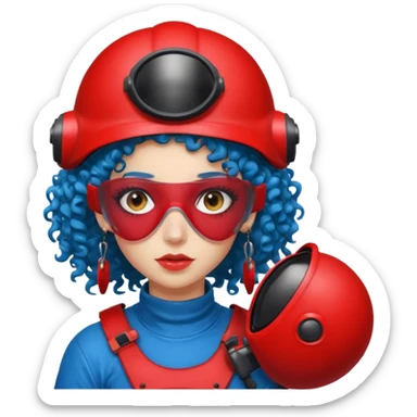 blue curly haired girl with huge earrings wearing red paintball helmet with eye protection, only face  sticker