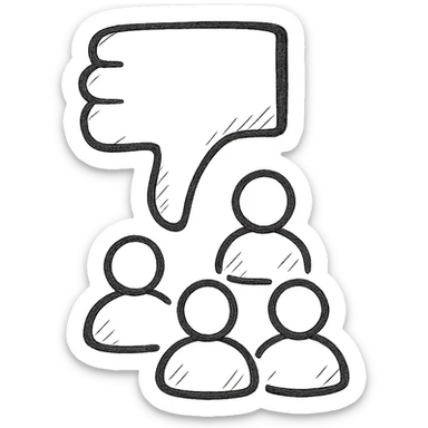 hand drawn black outline icon of a group of people arranged in a pyramid shape with a large thumbs down symbol behind them sticker