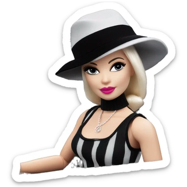 Bouclé Beauty Lingerie Barbie, 1965 Wednesday Addams from academy, in dark-gray and black striped outfit with hat. Driving 1978 Mercedes convertible sports car  sticker