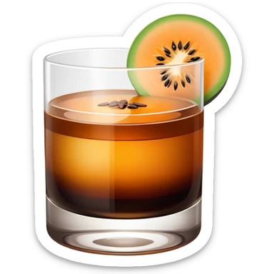 small clear glass with layered carajillo drink - amber liquor on bottom, dark coffee on top, with a slice of cantaloupe melon on the side sticker
