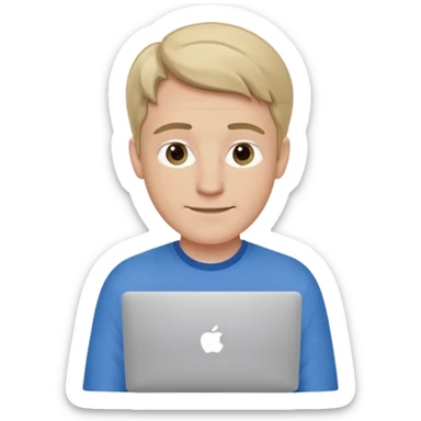 A white man in his mid 20s, middle part average dude with slightly droopy eyes, happy, using a MacBook (no logo), hero for an iOS developers website sticker