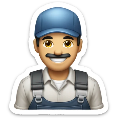 Create an emoji of a guy in work clothes (mechanic) with black hair, he is happy and showing his license on his hand sticker