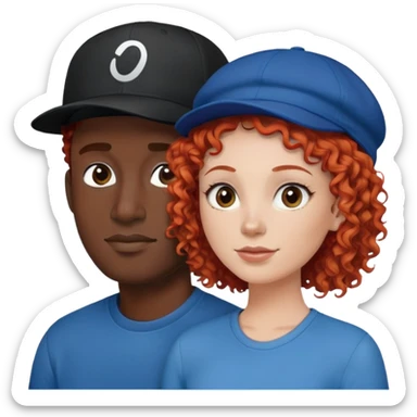 a couple a white woman with red curly hair and a black man in a blue shirt and black cap sticker