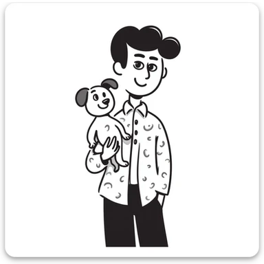 Mexican man with black hair and brown eyes wearing a shirt and black pants, holding a small white dog with one brown ear sticker