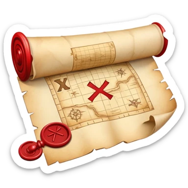 A rolled up treasure map with red wax seal, partially unfolded showing an X sticker
