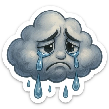 crying cloud with expressive tears, sad expression, cartoonish face, subtle sadness, detailed, emotional, GPT Image style sticker