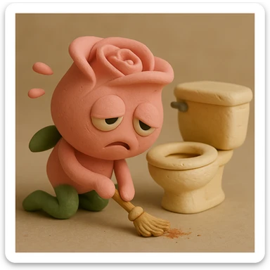 Adjust so both hands match in color, keeping the same claymation style, soft pink rose flower character with droopy eyes, exhausted face, slumped posture, sweeping with a tiny broom. All other details stay the same. sticker