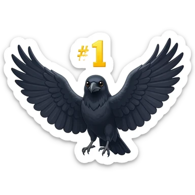 A raven perched confidently on a mountain peak icon, wings spread in victory, a glowing gold "#1" floating above its head sticker