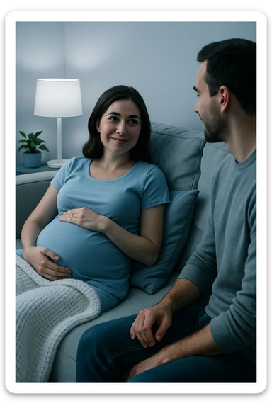 Vertical format, pregnant wife resting on couch, watching husband, peaceful home. Version 2 with different decor or lighting. sticker