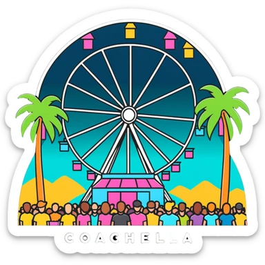 crowd at Coachella music festival with ferris wheel and palm trees sticker