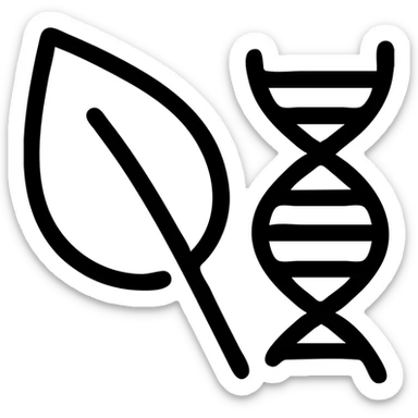 NON-GMO icon, outlined style, features a leaf and a DNA strand crossed out, black and white sticker