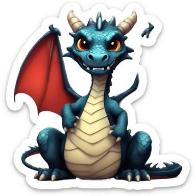 dragon siting with black scales and Scarlet markings 2 black horns waving his claw in drawn anime style. vibrant colors. slight smirk and tilted head red membrane on the wings detailed scales, and eyes sticker