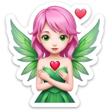 pink hair, pink wing fairy in green dress heart sticker
