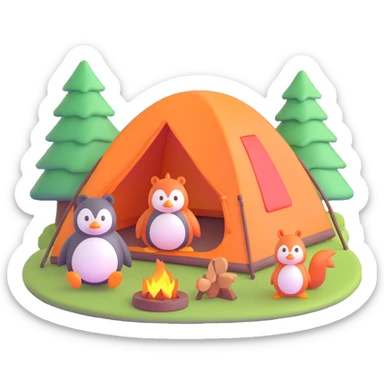 Pinguin und Eichhörnchen beim Campen, 3D Emoji Stil, Zelt im Hintergrund sticker